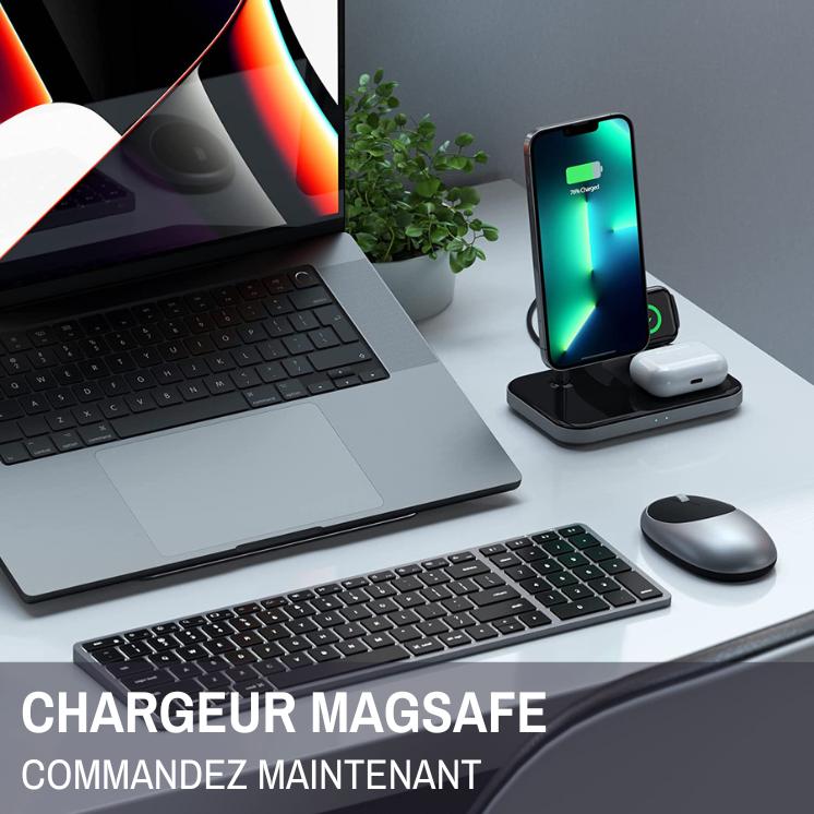 Chargeur MagSafe iPhone 15W, Charge Sans Fil Rapide avec Câble USB-C  Intégré, Swissten MagStick - Blanc - Français