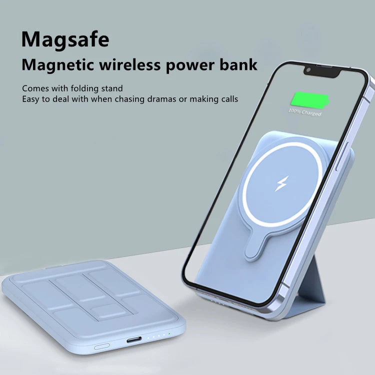 batterie externe magnétique iPhone grande capacité bleue avec un iPhone en train de recharger la batterie