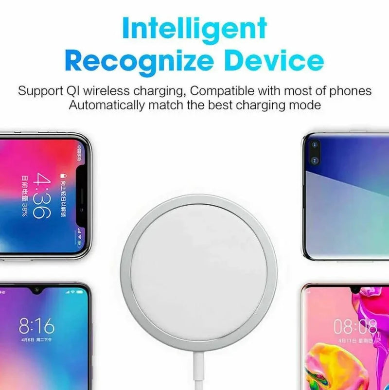 chargeur aimanté iPhone Samsung vue de face au centre avec autour tous les appareils Apple et Android compatibles avec le technologie sans fil Qi