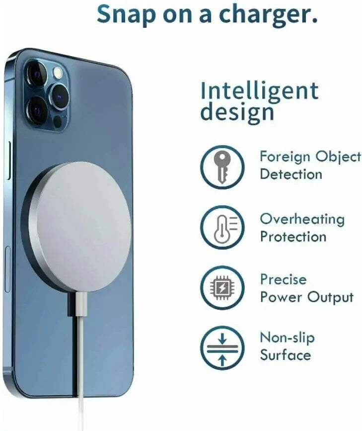 iPhone posé sur un support de charge magnétique iPhone Samsung avec autour tous les icônes des sécurités et du design intelligent du chargeur garantis au file du temps