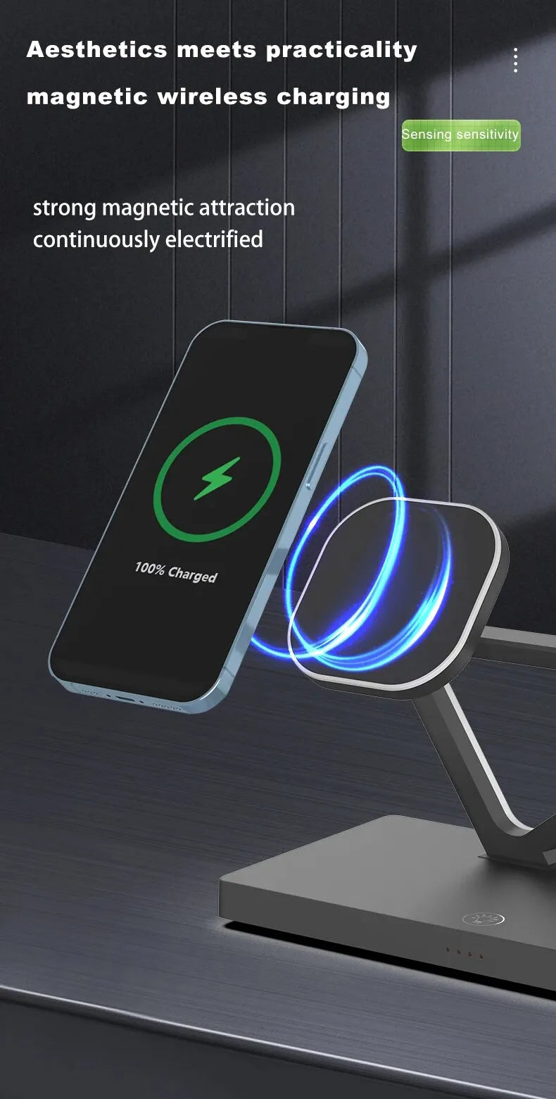 Chargeur à induction samsung noir sur un bureau gris avec iPhone en lévitation devant la surface de charge sans fil avec des ronds bleus entre le téléphone et le chargeur pour montrer la force magnétique