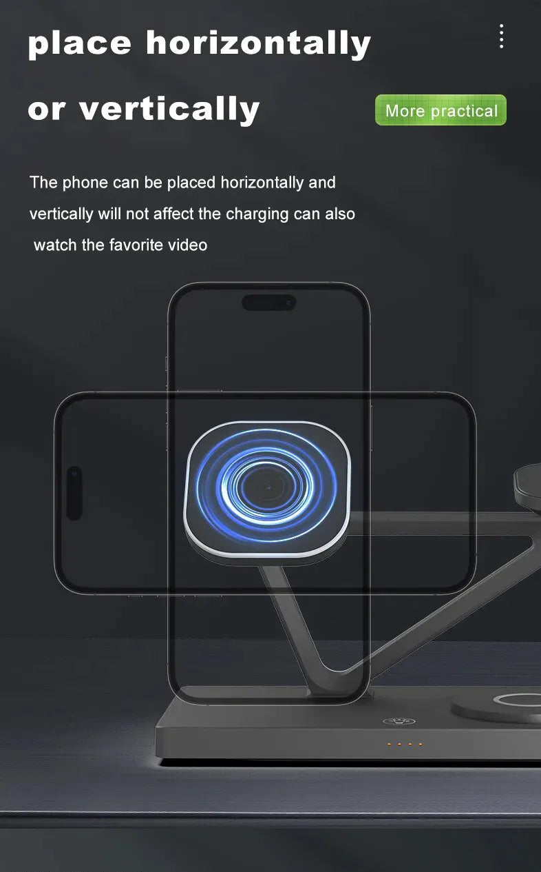 chargeur à induction samsung noir sur fond gris vue de face avec un téléphone portable en transparence sur la surface de charge posé en mode verticale et horizontale 