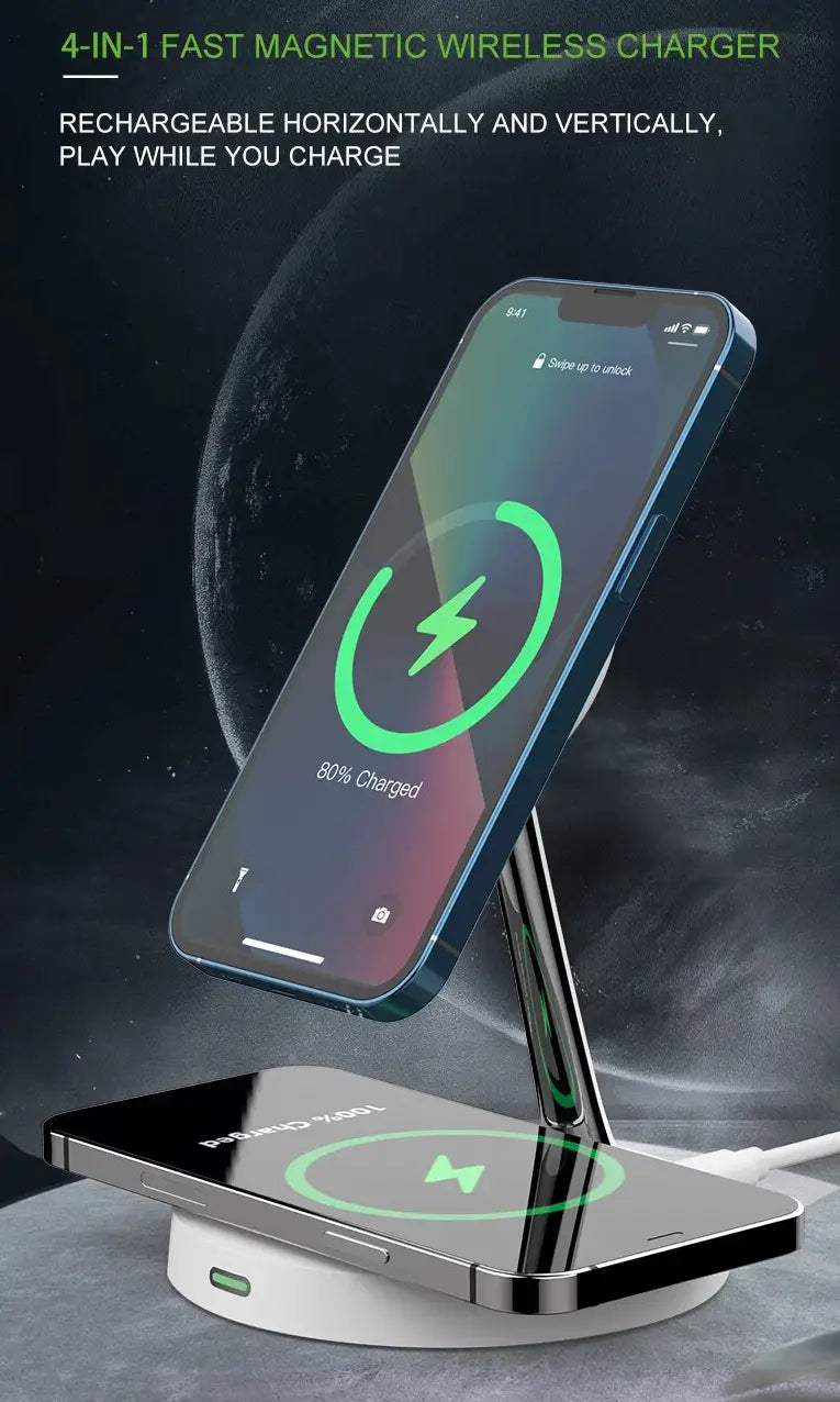 chargeur magsafe duo blanc sur une surface lunaire avec un iPhone en charge sans fil en mode portrait sur le support magnétique et un iPhone en alimentation sur le socle de charge Qi avec en arrière plan la planète terre dans l'obscurité