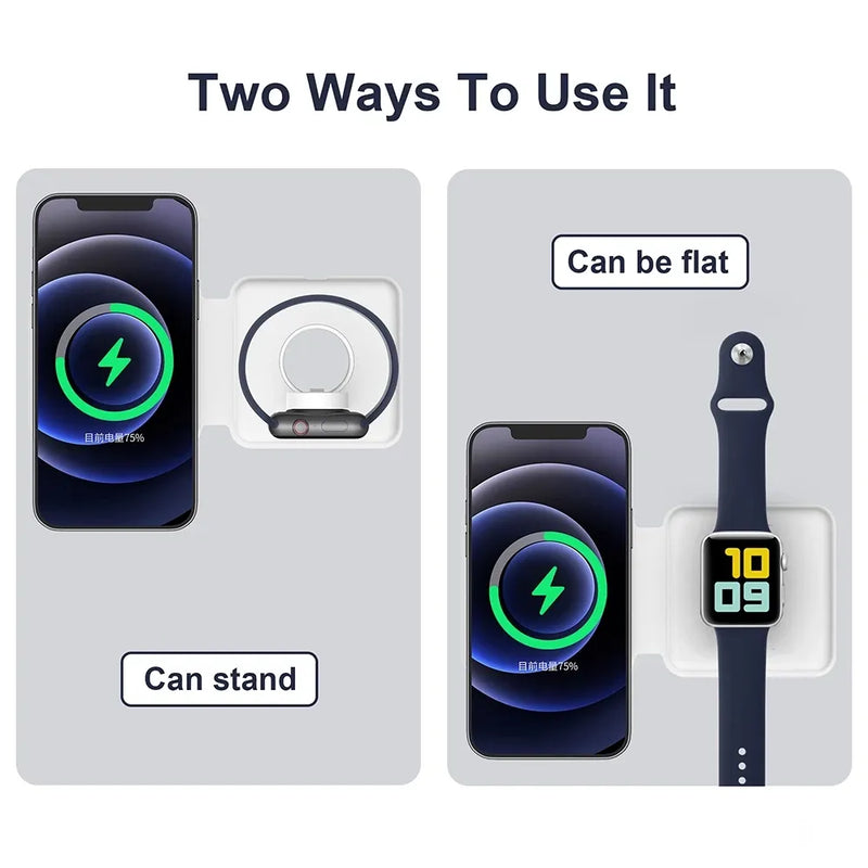 deux chargeurs iPhone Apple Watch blanc vue de haut qui charge par induction des montres connectées de deux manières différentes et des iPhone sur fond gris