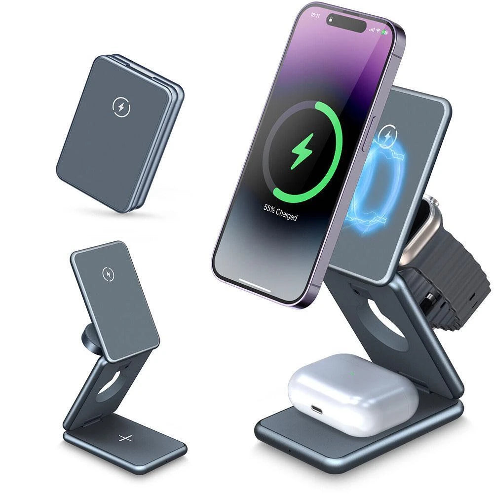 chargeur sans fil universel sur fond blanc avec un iPhone, une Apple Watch et des AirPods en charge par induction et deux autres chargeurs universels montrant les modes de chargement