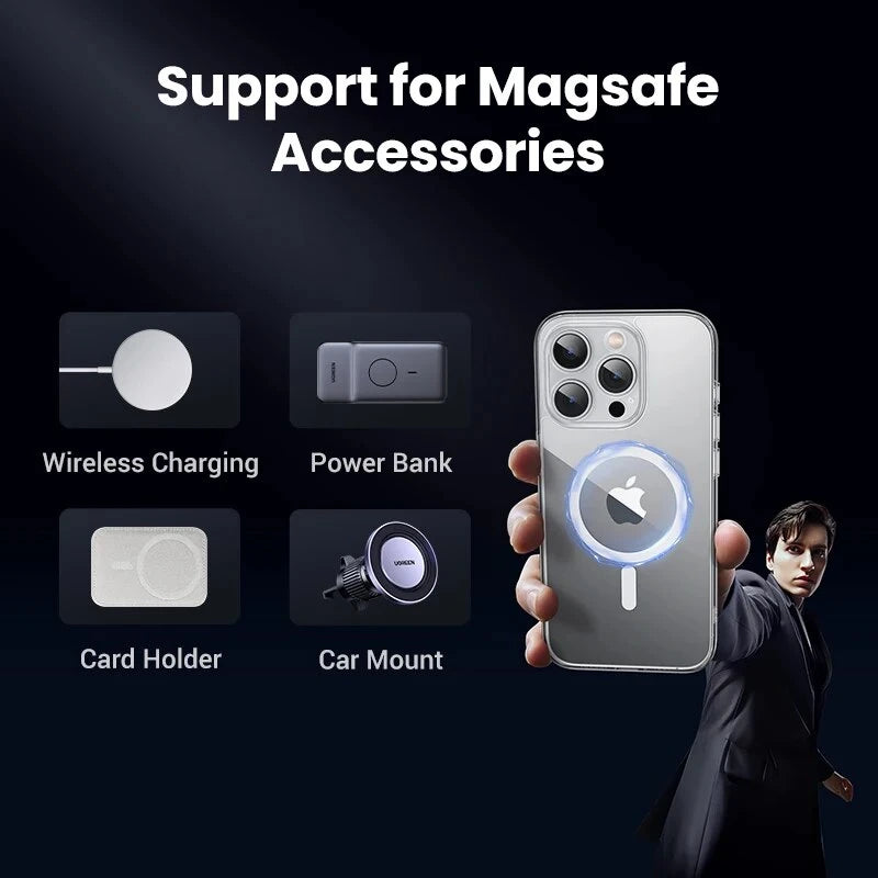 coque magnetique iPhone X 11 12 13 14 15  tenue par un homme et des accessoires magsafe autour sur fond noir