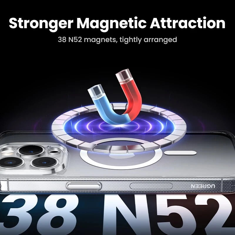 coque magnetique iPhone X 11 12 13 14 15 avec aimants N52 en lévitation au-dessus et un logo d’aimant au milieu