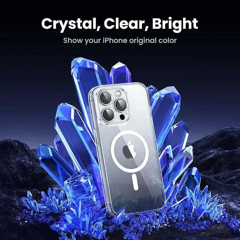 coque magnetique iPhone X 11 12 13 14 15 posé entre des cristaux bleus sur fond noir