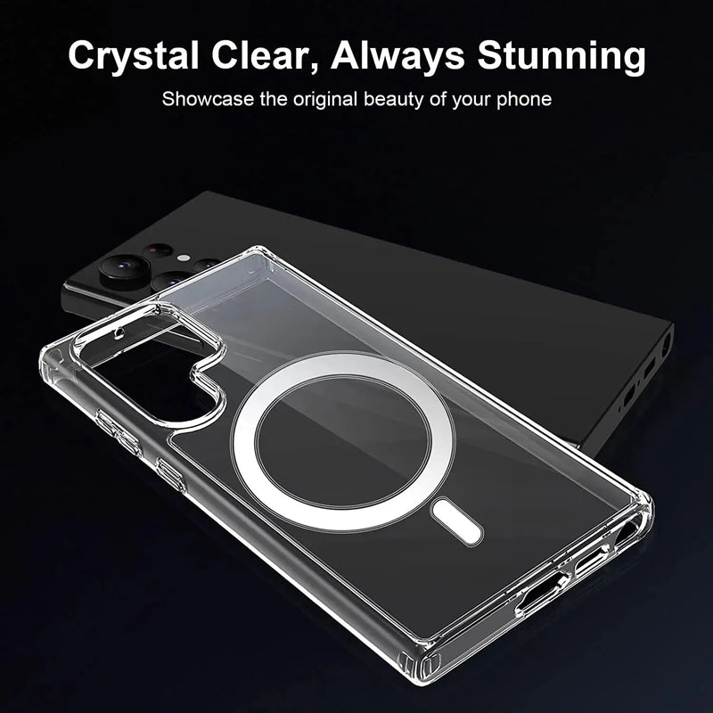 coque magnetique Samsung transparente s23 plus ultra posé sur un Samsung S23 Ultra sur fond noir