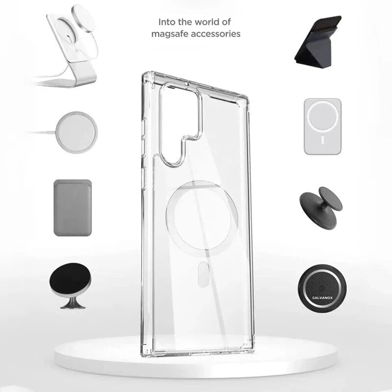 coque magnetique Samsung transparente s23 plus ultra sur un socle rond et des accessoires magsafe autour sur fond gris