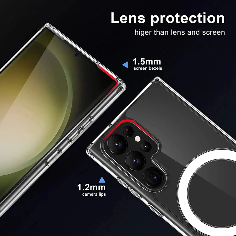 coque magnetique Samsung transparente s23 plus ultra vue de face et dos montrant les bords surélevé autour de la caméra et de l’écran sur fond noir