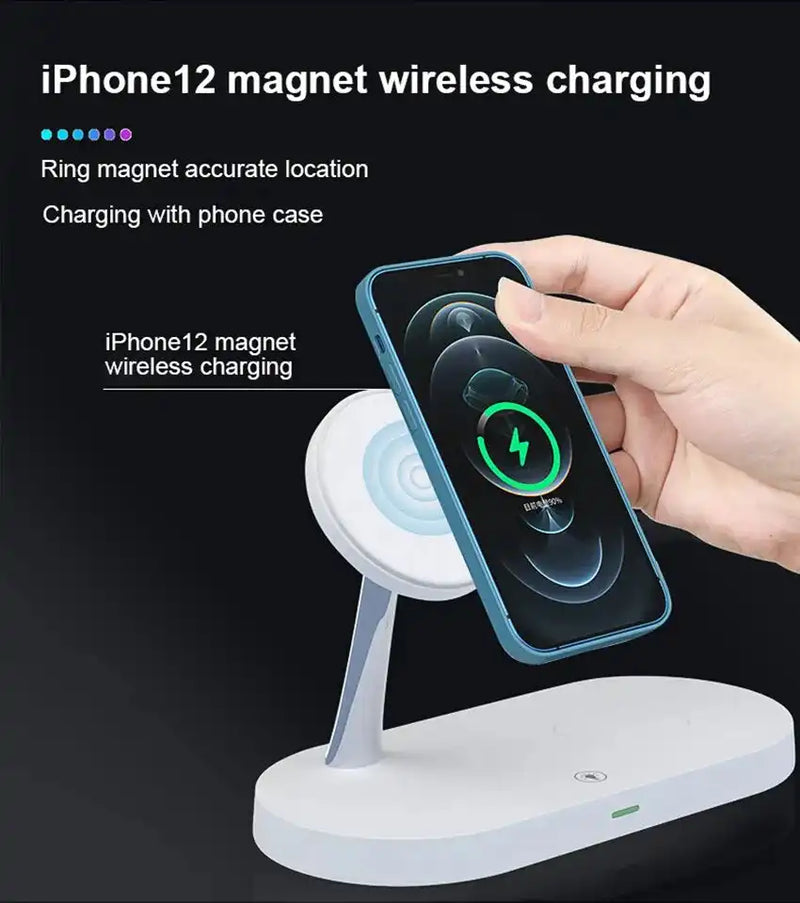 Station de charge magsafe blanche sur fond noir avec une main qui pose un iPhone XS Max sur la surface de charge magnétique et des ronds bleu entre le téléphone et le chargeur pour montrer la force des aimants