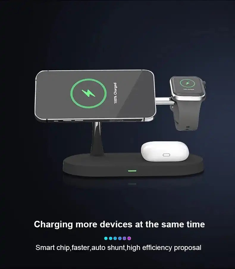 station de charge magsafe noire sur fond gris avec un iPhone XS Max sur la surface de charge posé en mode paysage et une Apple Watch sur le socle de charge dédié et des AirPods en train de charger sur le socle du chargeur par induction 